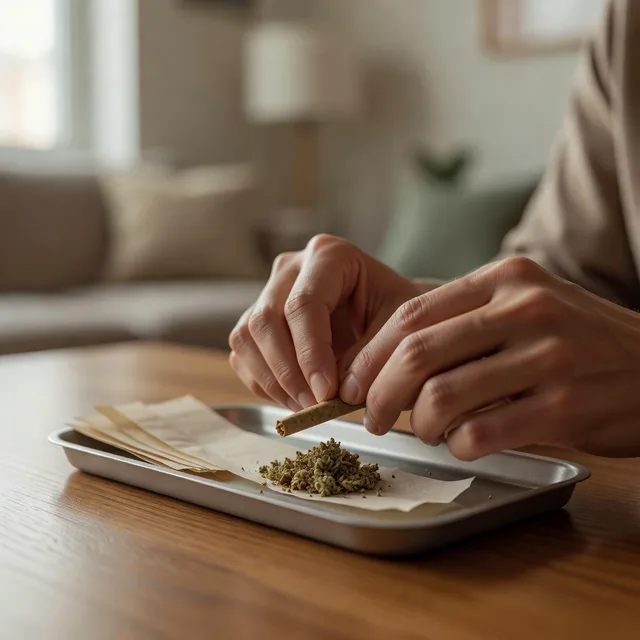 Hands rolling a joint over an open tray with ground flower and rolling papers on a wooden table
