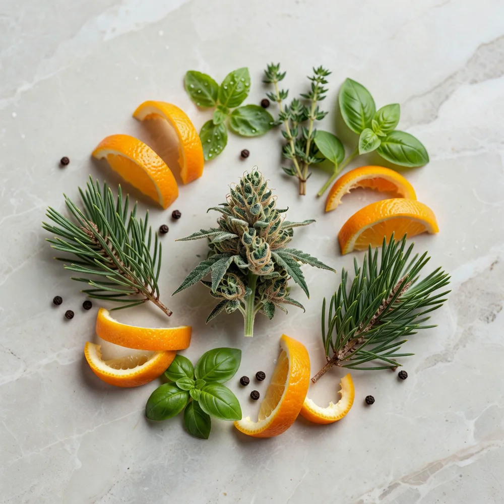 A cannabis bud surrounded by citrus peel, pine sprigs, peppercorns and fresh herbs on a light stone surface