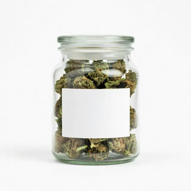 Cannabis flower jar with a product label showing THC percentage