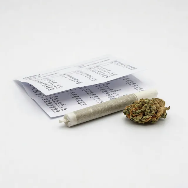 Cannabis pre-roll and a lab report showing THCA and THC