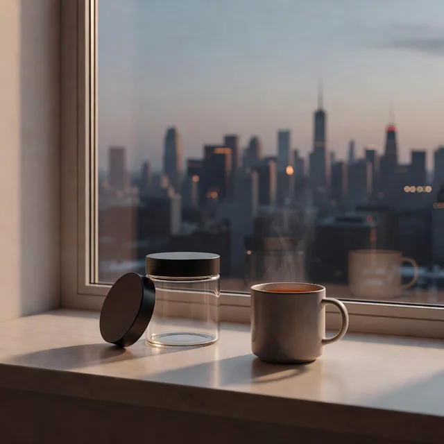 A calm windowsill with a closed cannabis jar and a mug of tea, a blurred city skyline at dusk through the glass