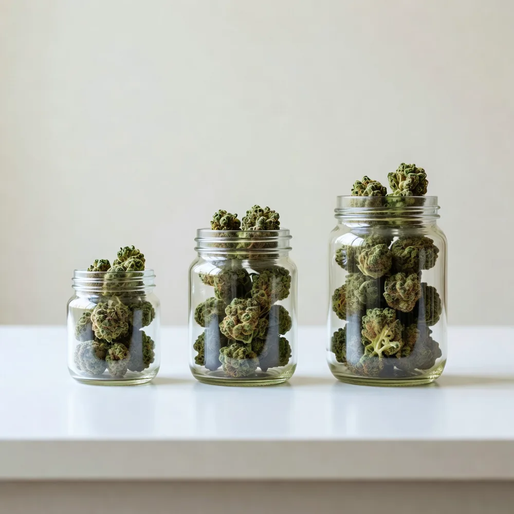 Three glass jars of cannabis flower in ascending sizes on a clean white counter