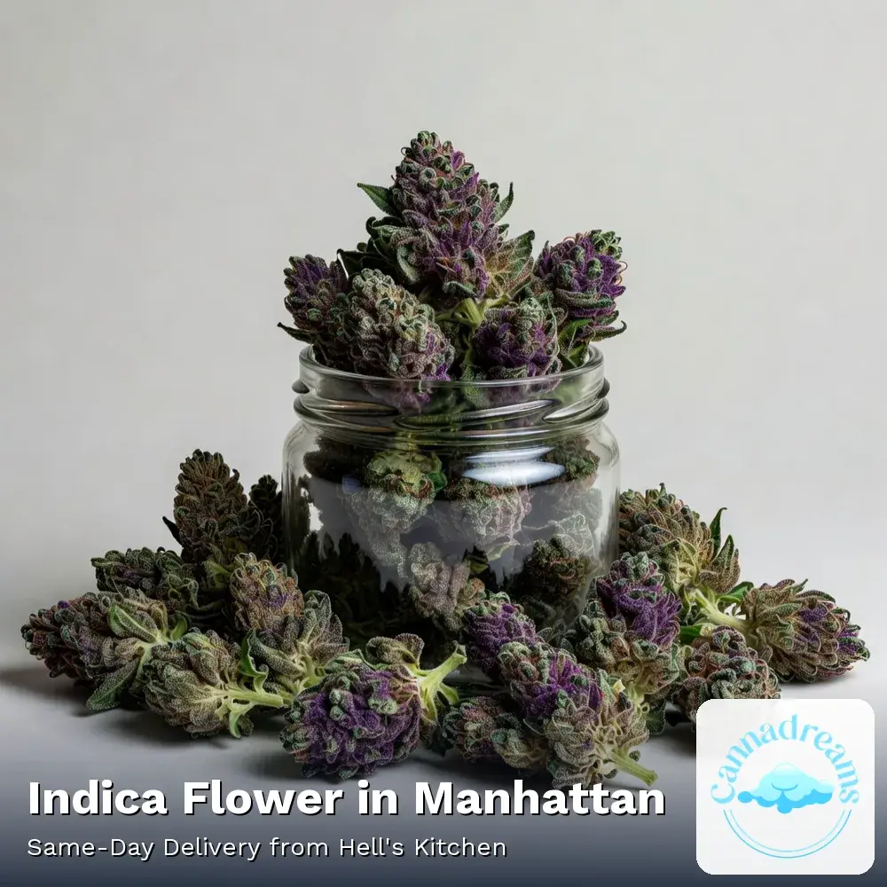 Indica flower in Manhattan, dense purple-green buds from Cannadreams, same-day delivery from Hell's Kitchen